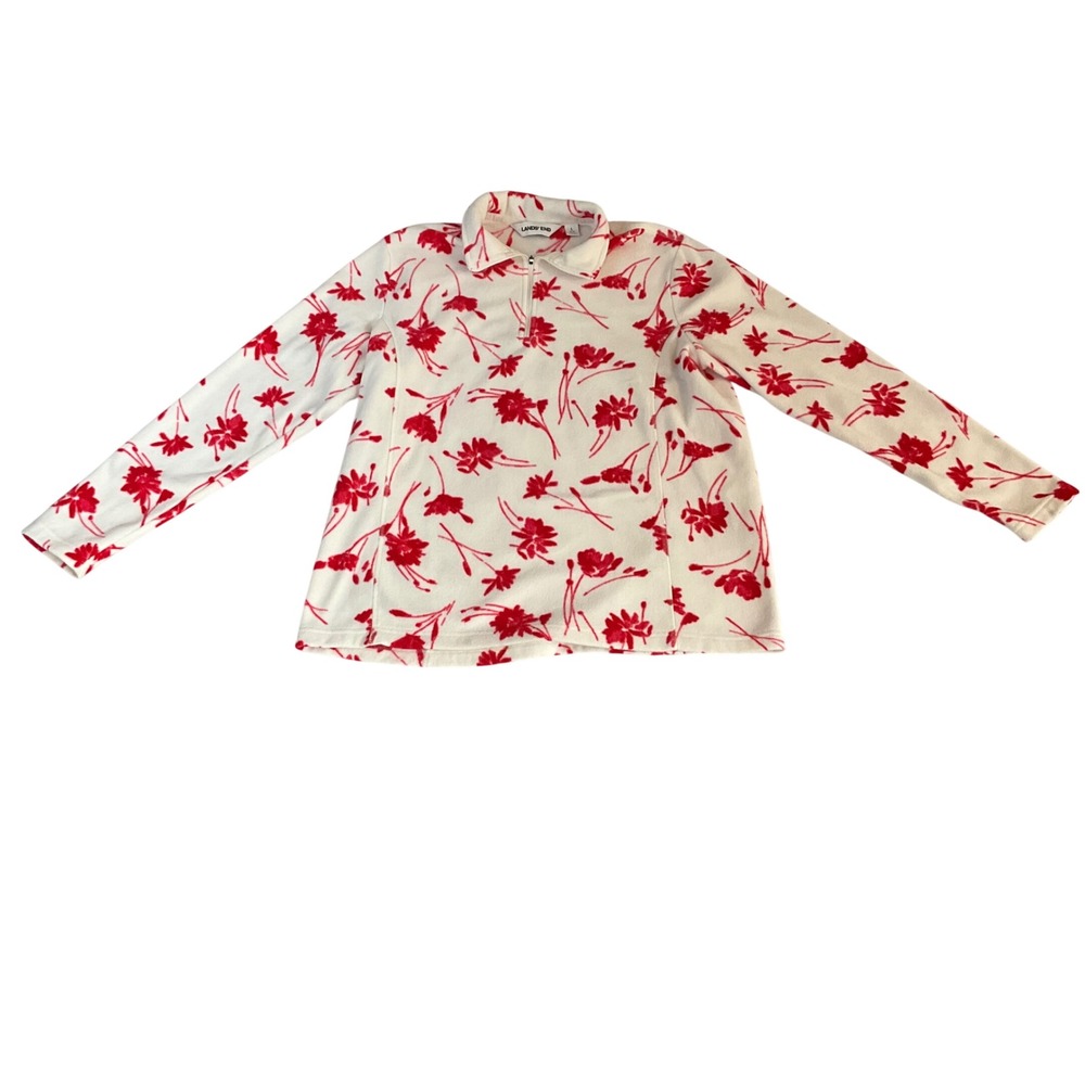 Lands End Fleece Pullover Womens L White Red Floral Quarter Zip Sweatshirt